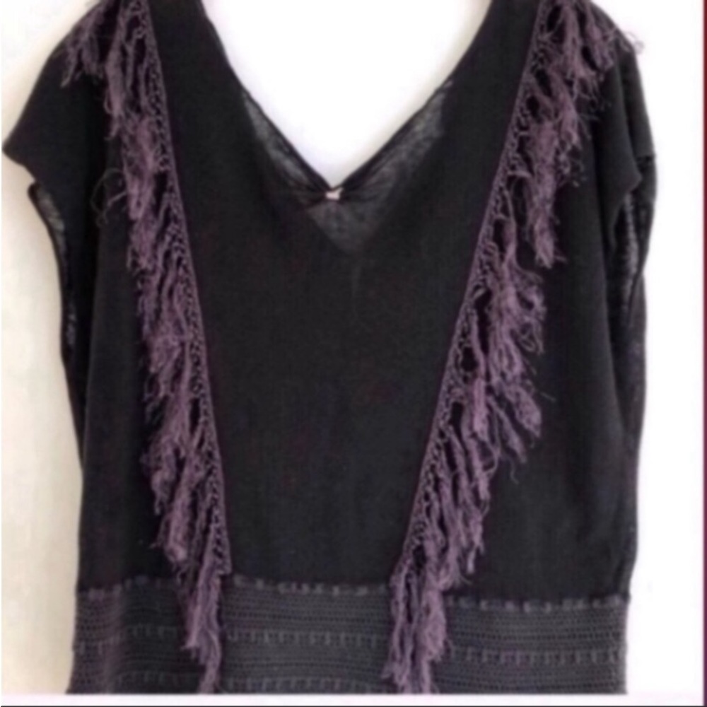 Free People Short Sleeve Fringe Top Black Size: S